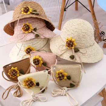 

Baby boy girl hat Handmade sunflower flower hat children bag hat two-piece set 2020 summer new travel beach sun hat shoulder bag