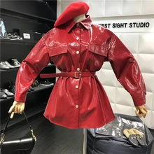 [EWQ] Новинка осени, куртка с длинным рукавом и свободным поясом, корейская мода, тренд, черная кожаная куртка QL82101