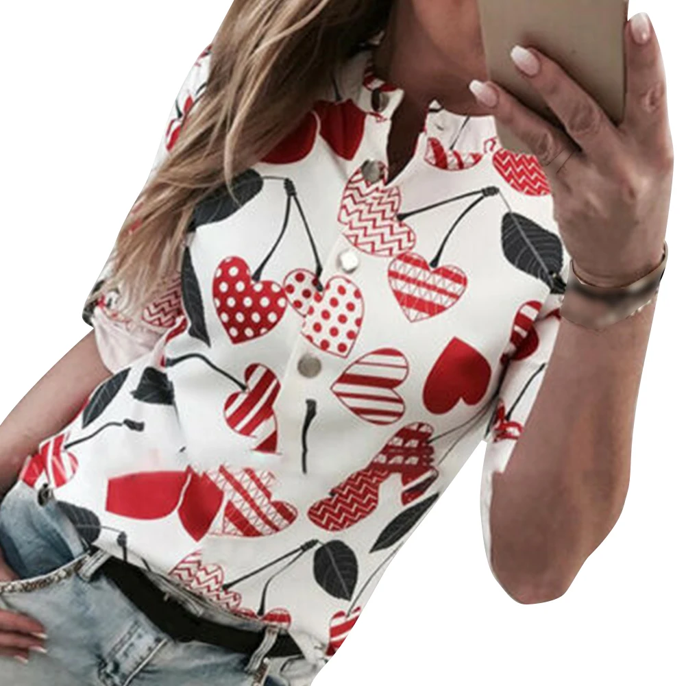 

Spring Summer Stand Collar Heart Print Polka Dot Casual Button Up Work Travel Soft Daily Women Shirt Dating Long Sleeve Autumn