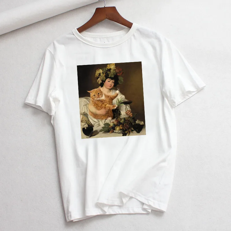 21353 Summer new casual fashion big size cartoon art spoof fun tops tees print short-sleeved Michelangel cute cat loose female T-shirt - Цвет: 21353