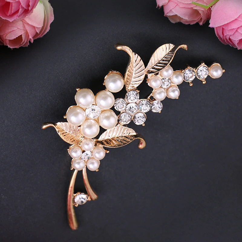 Elegant Leaves Rhinestones Flower Pearl Bouquets Rose Gold Wedding