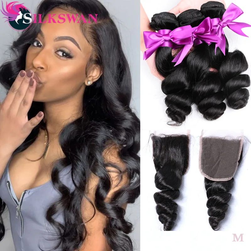

Loose Wave Bundles with Closure Silkswan Peruvian Hair extension 4x4 Lace Top Closure with bundles Human Remy Hair Deep wave