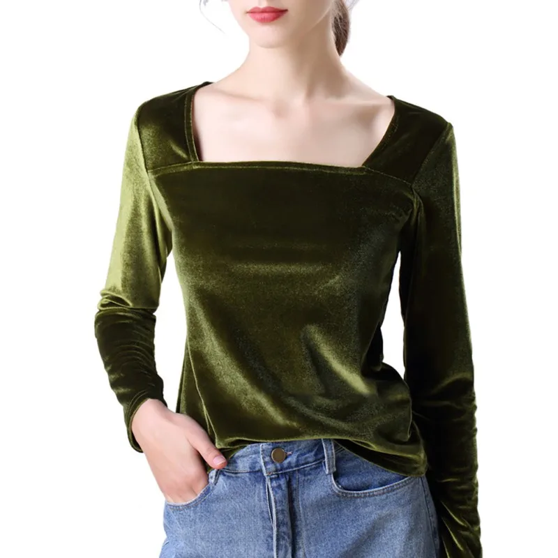 

Vintage Women Velvet T Shirts 2019 Spring Autumn Long Sleeve Square Collar Solid Color Tops Tee Female Casual Warm T-Shirts