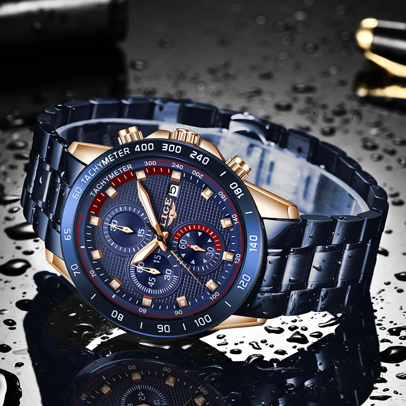 LIGE Hot Fashion Business Men Watches Analog Clock Classic blue Steel Waterproof Wristwatch For Men relogio masculino Male Clock
