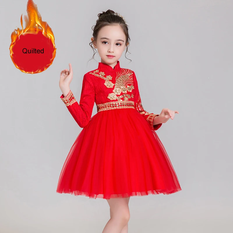 Детское длинное красное платье подружки невесты с цветочной вышивкой для свадебной вечеринки; вечерние платья принцессы на Рождество и год в китайском стиле - Цвет: red 2 short quilted