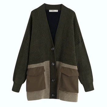 

Vintage Chic Pockets Design Patchwork Cardigan Fashion Women Single Breasted Sweater Coat Casual Knitwear for Girls Streetwear