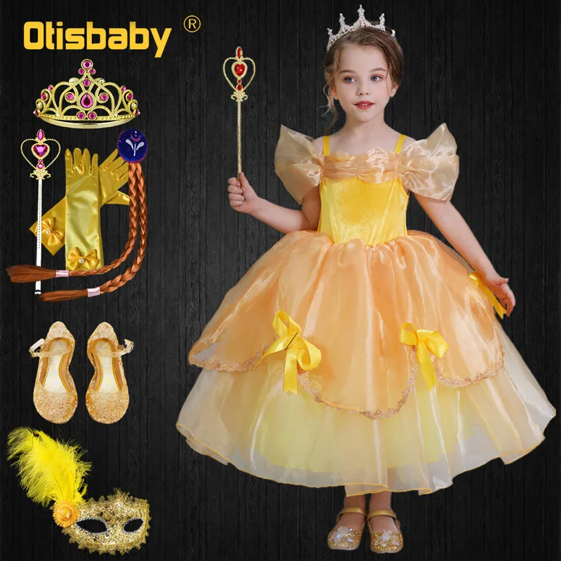 Красавица и чудовище, карнавальный костюм на Хэллоуин, платье принцессы Белль на день рождения для девочек, новогоднее платье без Плеч, желтые платья для детей