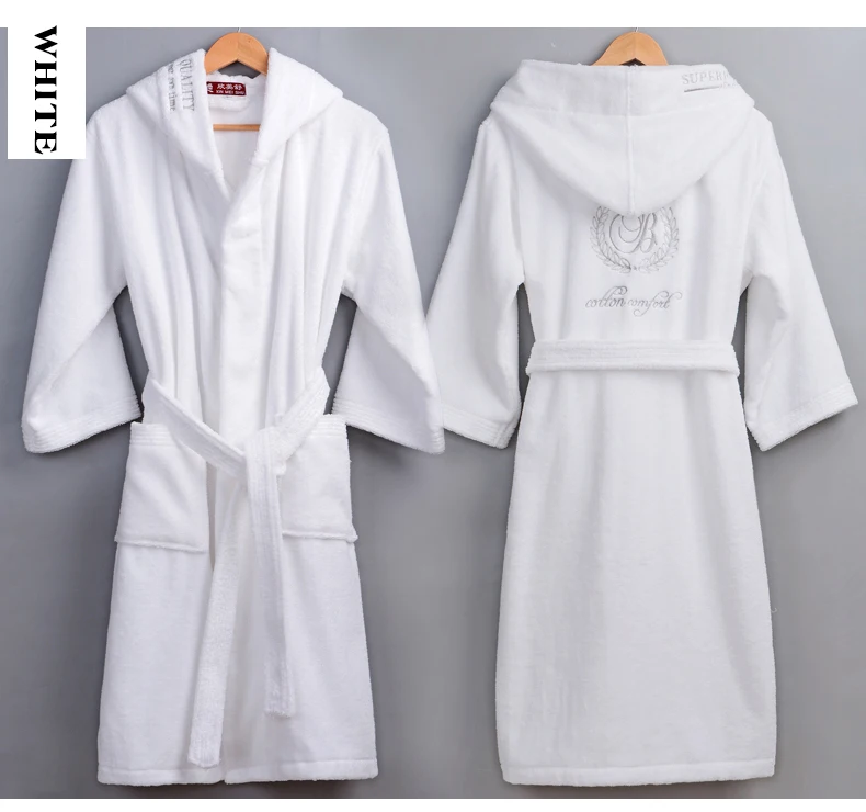 Высококачественные зимние банные халаты из чистого хлопка, махровые полотенца унисекс, абсорбирующие Банные халаты для дома, отеля, с вышивкой, Халат с капюшоном - Цвет: White