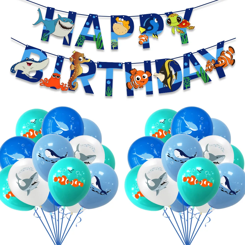 New Year 2022 Gifts Ocean Nemo Shark Dolly Cartoon Anime Theme Letter Pull Flag Balloon Set Birthday Party christmas decoration | Дом и сад
