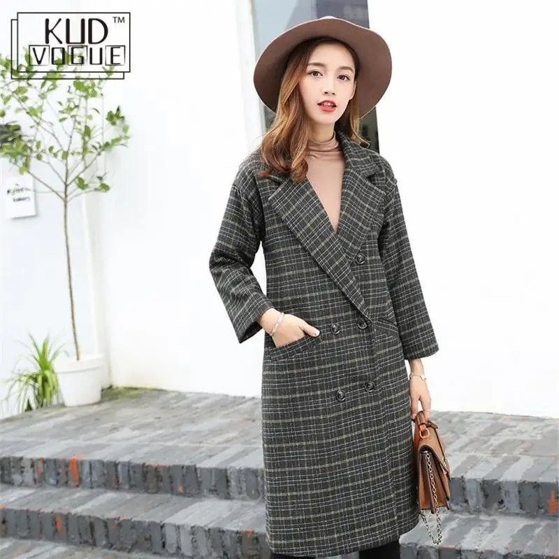 

Women Wool Check Jacket Winter Long Loose Plaid Fleece Yellow Jacket Female Warm Plus Velvet Thick Coat Lady Vintage Outwear Xl