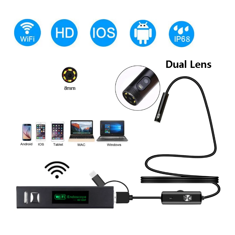 WIFI Endoscope Camera 8mm Dual Lens Mini Waterproof Hard Cable Inspection Camera USB Borescope IOS Endoscope for Iphone Android