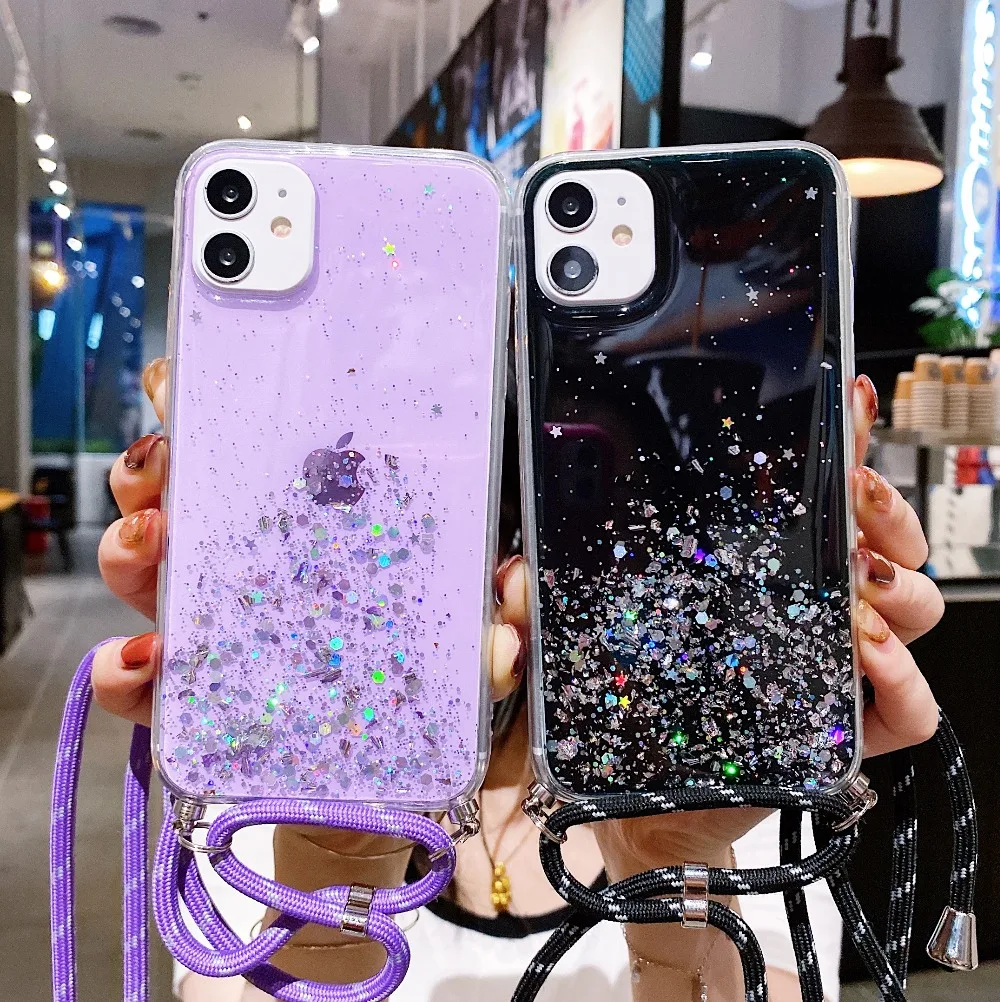 For Huawei P Smart 2021 case Glitter Lanyard Strap Cord Chain Shell cover On Huawei P Smart Z 2021 2020 2019 Phone cases Fundas huawei pu case