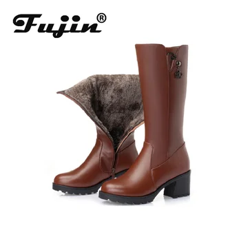 

Fujin Snow Boots Wool Women Warm Genuine Leather Fashion Zipper Fur Warm Plush High Boots Platform for Women Winter Boots