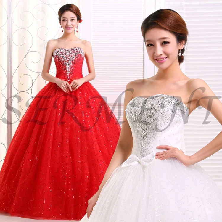 

Strapless Rhinestone Sequins Wedding Dress Lace and Lace Up Crystal Pearls Decoration Design Free Custom Made Plus Size