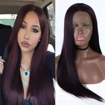 

Bombshell Wine red 13*3 Silk Straight Hair Synthetic Lace Front Wig Non-glue Heat Resistant Fiber Suitable for Women's Daily Wig