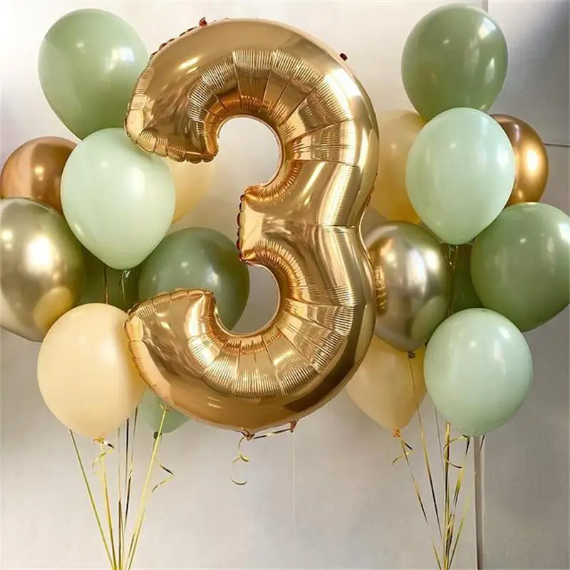 

15pcs/Lot Avocado Green Latex Balloons 40inch Gold Number Foil Ball Babyshower Kids Birthday Party Forest Jungle Decoration