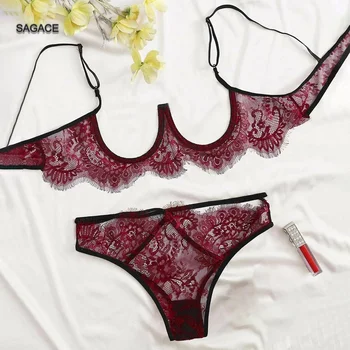 

Red Sexy Underwear Women Set Mesh Lace Lingerie 2 Piece Set See Through Bralette And Thong Bandage G-String Spaghetti StrapsF513