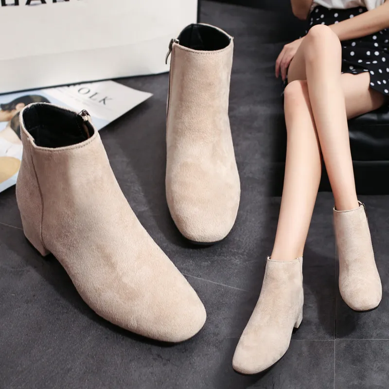 

Women Autumn Winter Flock Ankle Boots British style Zipper Round Toe 4cm Square Heel Solid Casual Black/Camel Booties Size 35-39