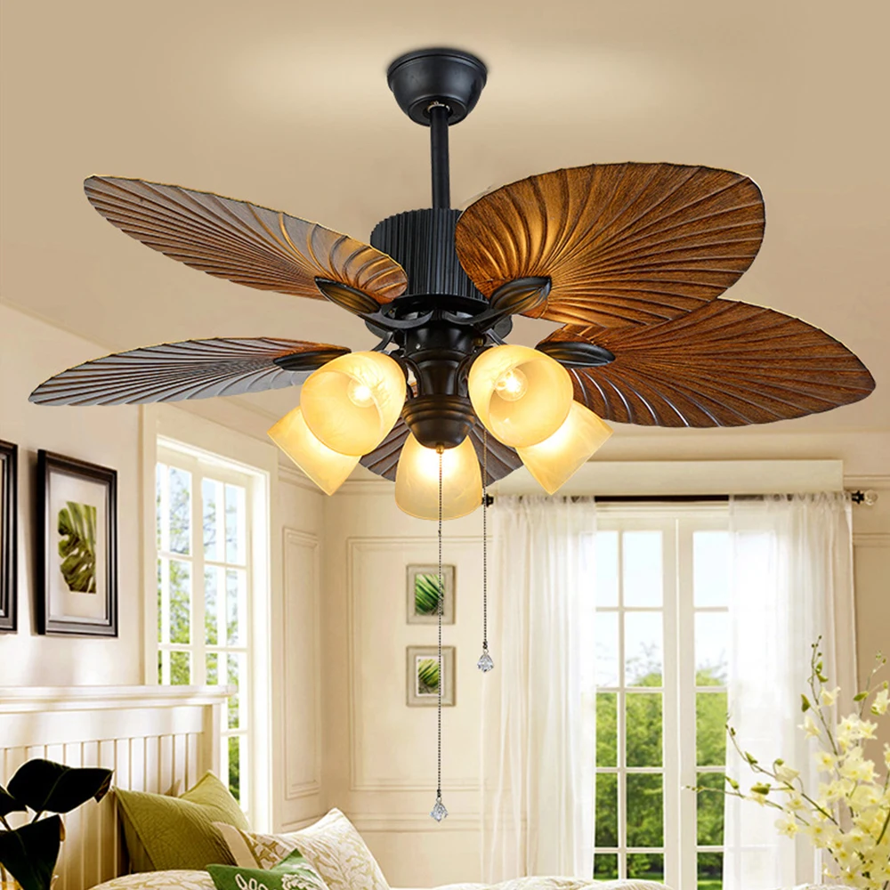 

Retro 110V Ceiling Fan with Light Remote Control 52 inch 5 Blades 5 Light Fixture Lamp fans Home Indoor Low-Profile