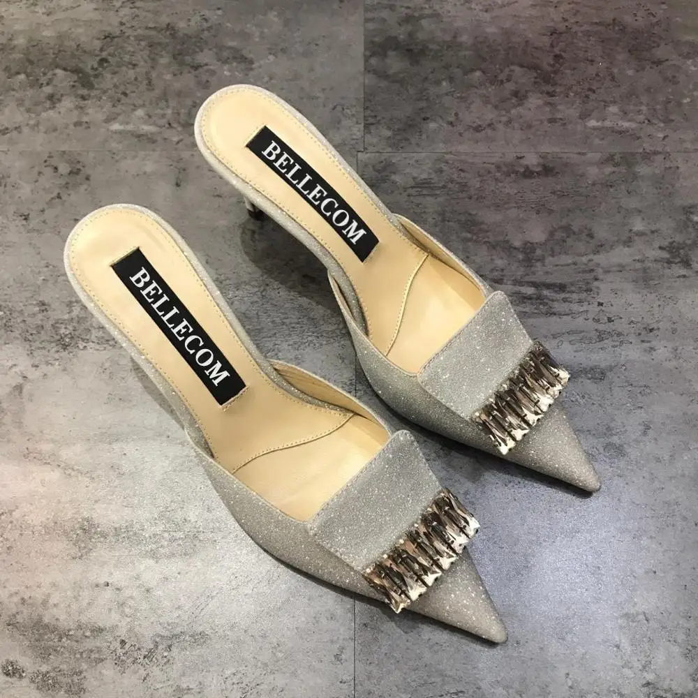 

BELLECOM Summer 2019 new pointed water drill high heels women's shoes sandals outdoor casual shoes leather heel slippers fashion