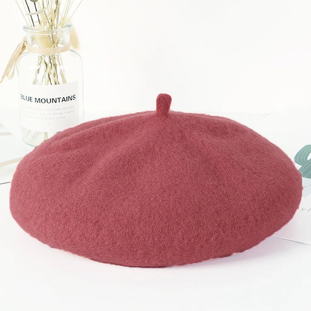Hot Pink Женские береты на весну и зиму, шапка в стиле художника, женские шерстяные винтажные береты, однотонные кепки, женская шапка, теплая прогулочная шапка - Цвет: Hot Pink