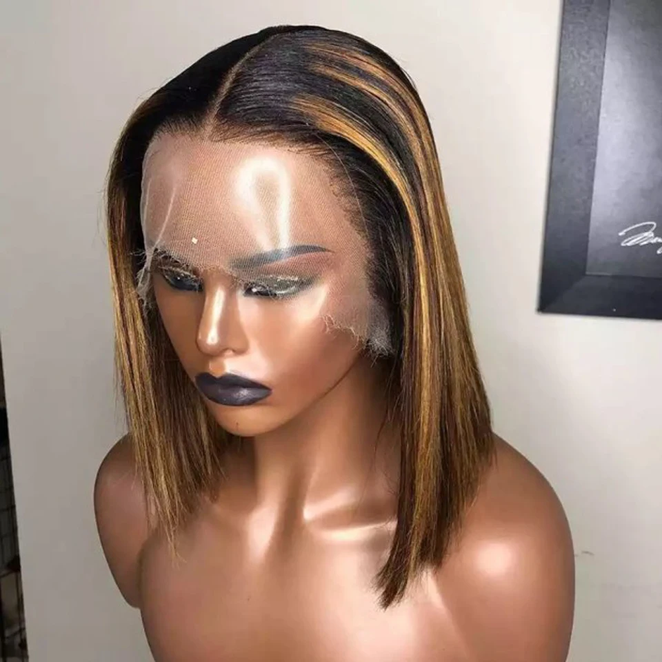 Middle Part 150% плотность медовый блондин короткий Боб Кружева передние парики Омбре Выделите 1B 27 бразильские Remy кружевные передние человеческие волосы парики для женщин - Цвет: Middle Part