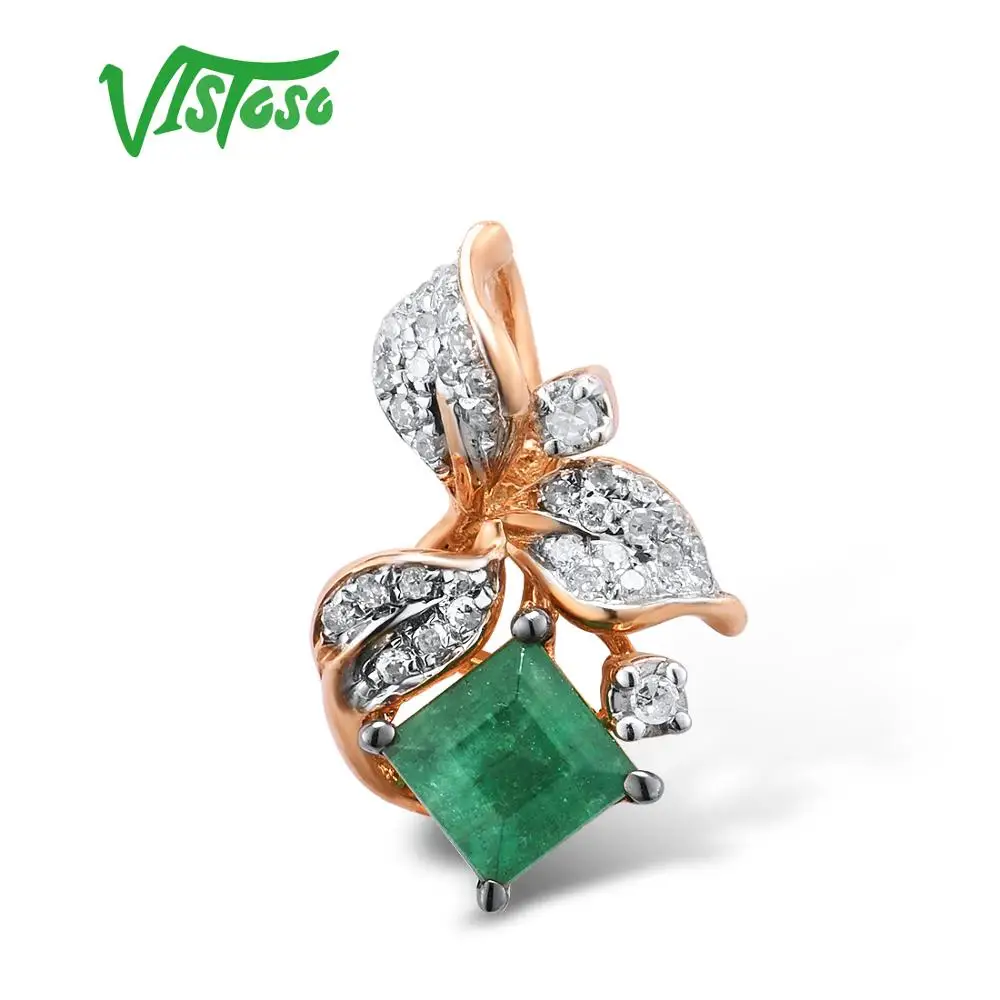 

VISTOSO Gold Pendants For Women Authentic 14K 585 Rose Gold Leaves Magic Emerald Sparkling Diamond Pendant Elegant Fine Jewelry