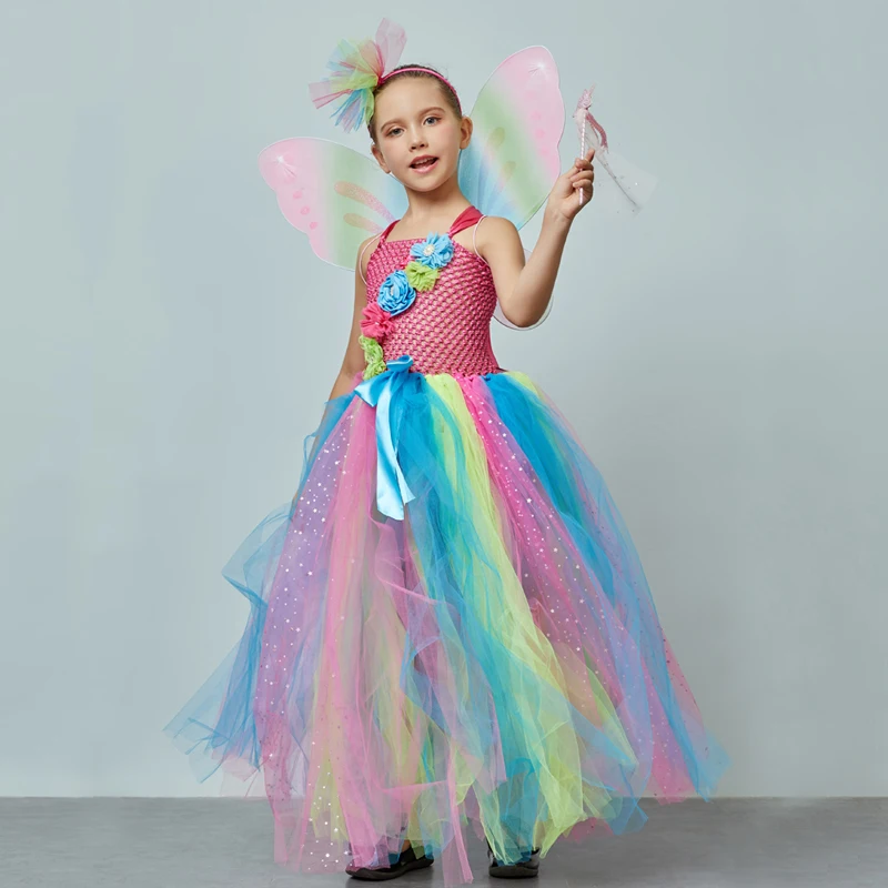 Affordable Rainbow Butterfly Girls Tutu Dress with Wings and Headband Princess Fairy Kids Birthday Party Dress Up Tutu Costume (1)