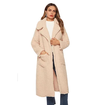 

2019 autumn and winter new women's lapel tie with plush jacket with windbreaker fashion coat long coat
