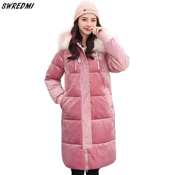 

SWREDMI Winter Jacket Women Velvet Slim Long Female Jacket Hooded Overcoat Large Fur Collar Parka Cotton Padded Clothing Lady