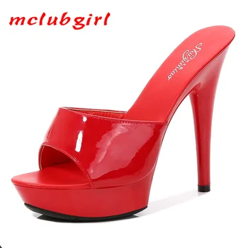 

Mclubgirl New Pure-color Summer Fashion Fashion Round-head with Red Sexy High-heeled Sandals with A Line of Sandal Women LFD