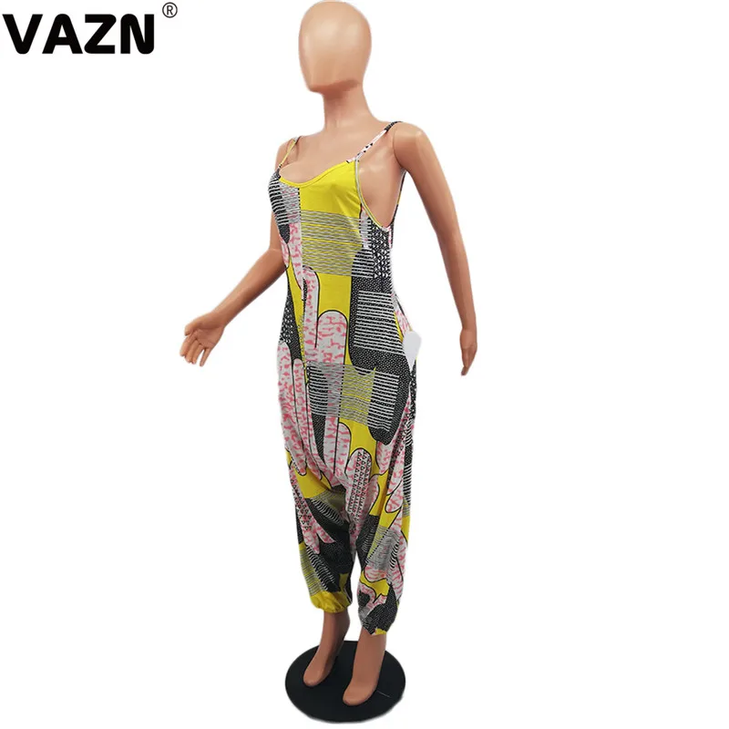 VAZN GMTY16178 высокое качество, винтажный уличный женский комбинезон с v-образным вырезом и принтом, длинные штаны без рукавов, комбинезоны, сексуальные Клубные Комбинезоны