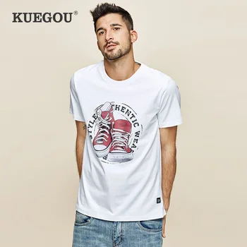 

KUEGOU brand leisure fashion t shirt men Summer tshirt 100% cotton Men's short sleeve T-shirt printing White top size ZT-3307
