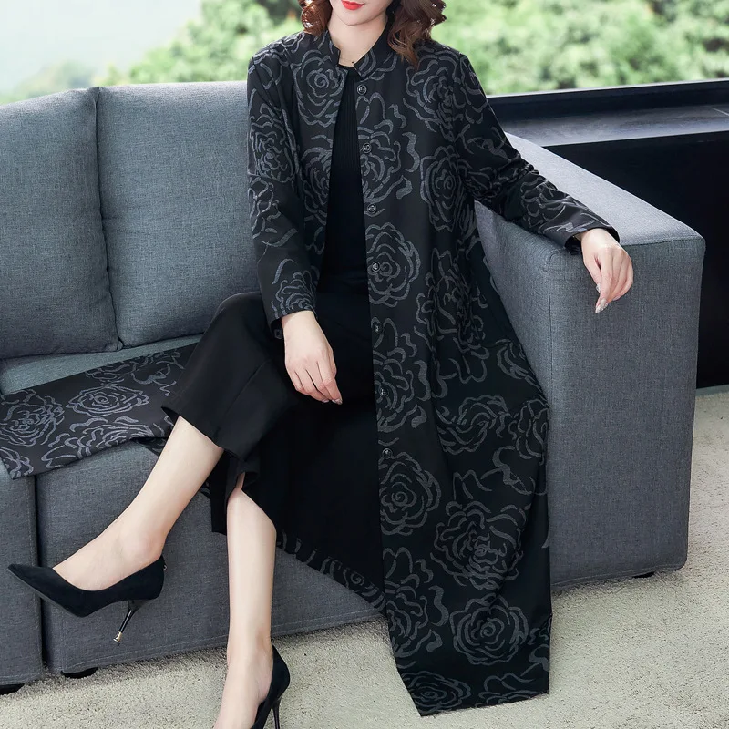 

Autumn New Style Large Size Dress Origional Literature And Art Retro Long Printed Elegant Trench Coat Coat over-the-Knee Ethnic-