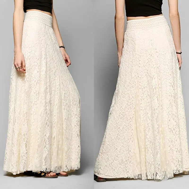

Women Multilayer Maxi Skirt Sweet Girl Double Layer Floral Lace Pleated Maxi Elastic High Waist Floor Length White Skirts