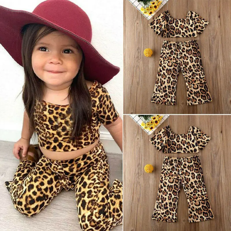 

CANIS Toddler Infant Baby Girl Clothes Short Sleeve Crop Top Flared Pants Lovely Casual Leopard Outfit Set New