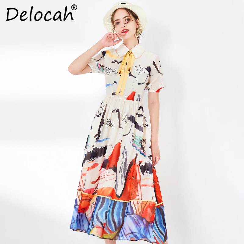 

Delocah Women 2020 Spring Summer New Dress Runway Fashion Designer Simple Bow Printed Elegant Slim Holiday Ladys Casual Dresses