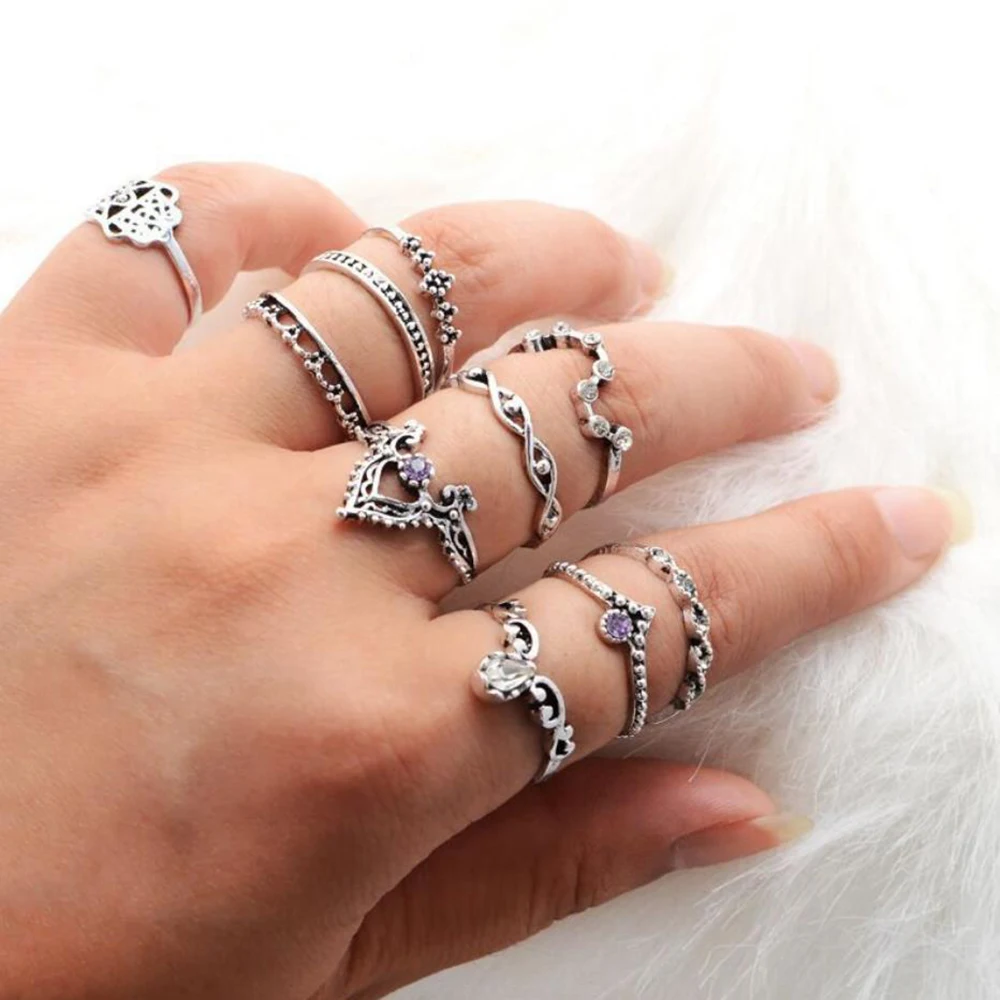 

10Pcs/Set Western Vintage Alloy Rings Set Hot Sale Knuckle Rings Set For Women Jewelry 2020