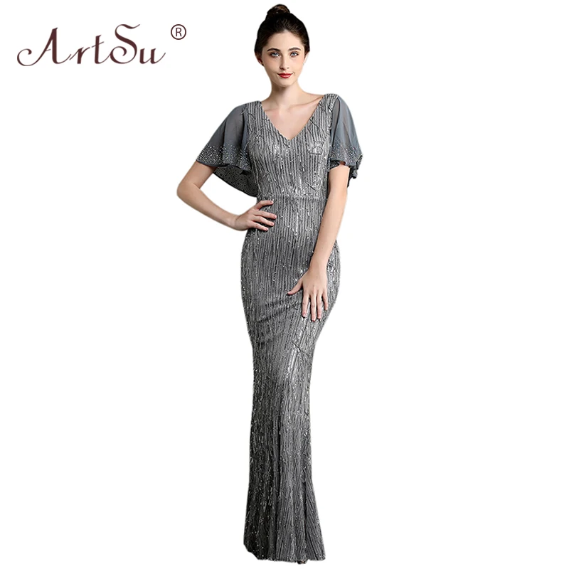 ArtSu Robe De Soiree Черный Длинные Русалка Вечерние платья Элегантный бриллиантовый Бисер с блестками и с бахромой, Для женщин с v-образным вырезом, платье на выпускной, серый - Цвет: Серый