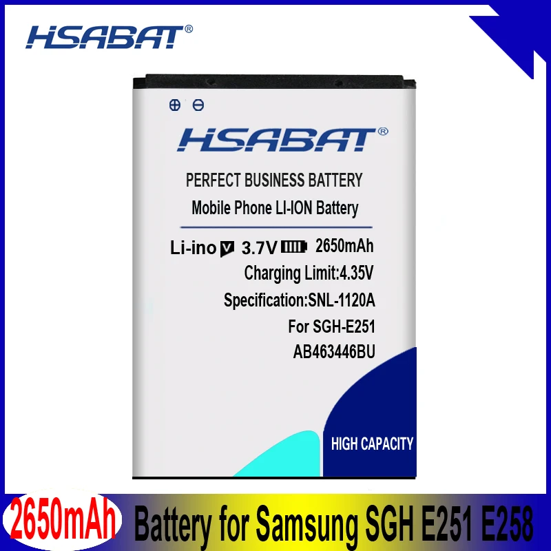 Аккумулятор HSABAT 2650 мАч AB463446BU для Samsung SGH E251 E258 E350 E428 E500 E900 M620 C512 X208 1258 1250 C3300K B189 B309 |