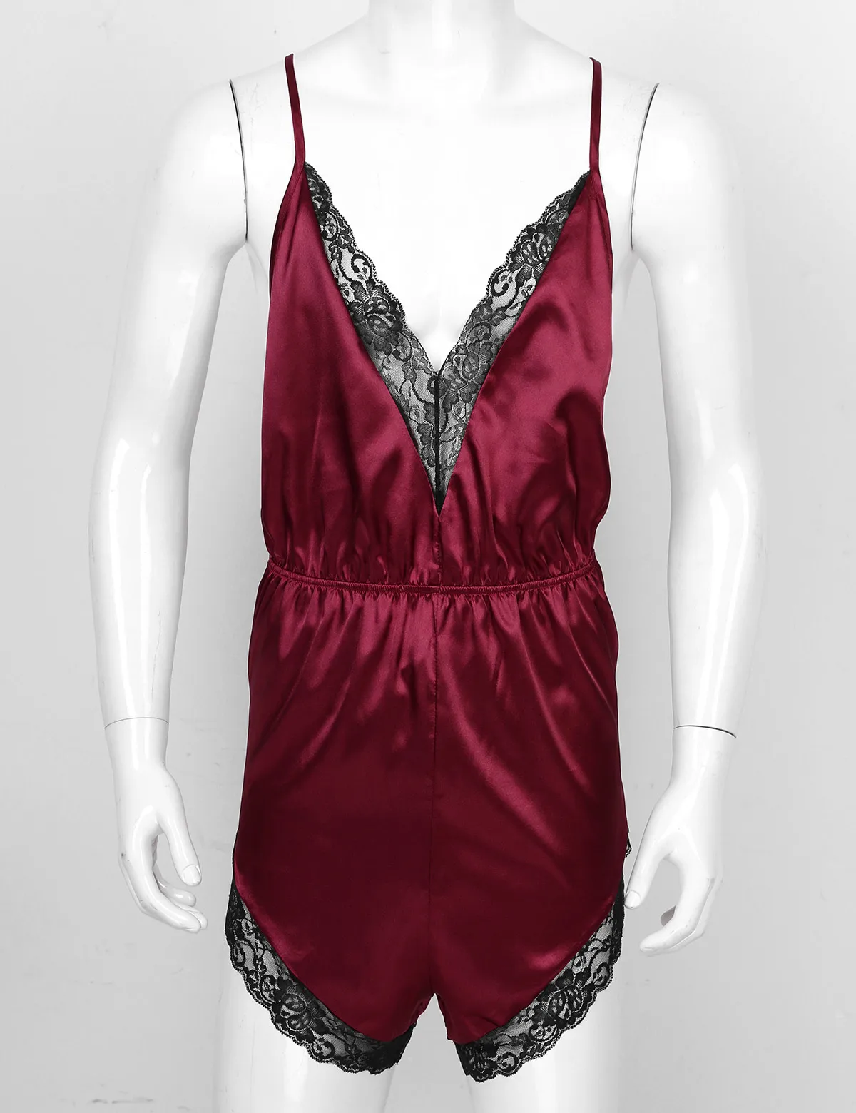 Mens Sissy Lingerie Sleepwear Adjustable Spaghetti Strap Lace Trim Jumpsuit V-neck Satin Pajamas Gay Male Crossdress Nightwear