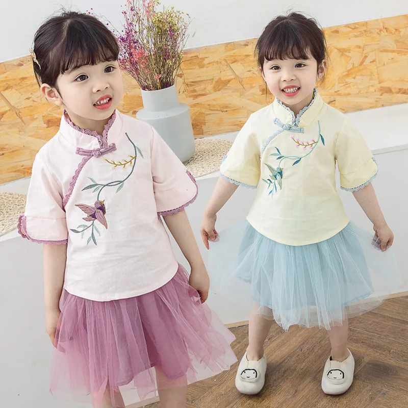 

19 Years Summer Short-sleeved Ethnic-Style Mesh Dress Set Girls Baby Cartoon Frog Tops Two-Piece Set Kmt9213