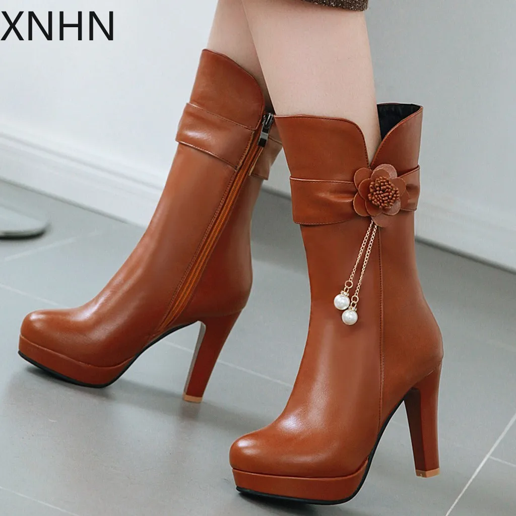 Ladies boots Sexy Mid-Calf Booties Winter keep Warm High Heel Flower Pearl platform Boots Women's Thick Shoes | Обувь