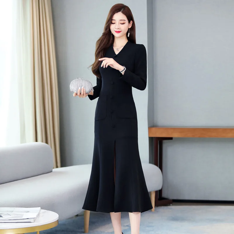 

Long-sleeved Dress 2020 Spring New Style WOMEN'S Dress Waist Hugging Slimming Elegant French Popular Front Slit Skirt Fashion