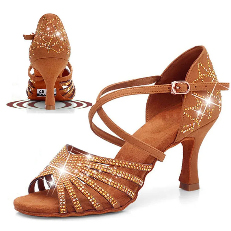 

USHINE BD211 Heel 7.5cm Silk Satin Apricot Brown Latin Dance Shoes Champagne Color Rhinestone Salsa Latin Dance Shoes Woman