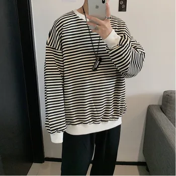 

2019 Autumn New Korean Version Of The Loose Couple Round Neck Striped Men's Large Size Casual Pullover Harajuku