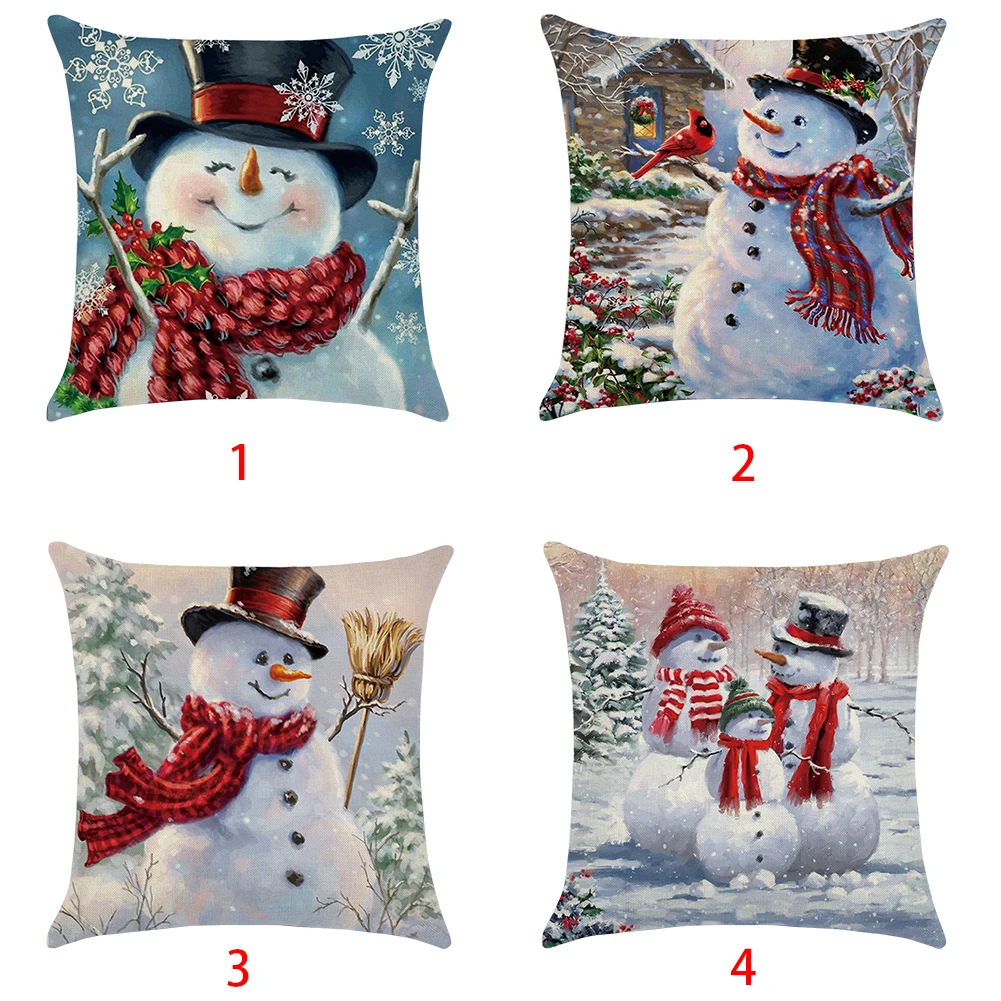 Новогодняя Наволочка на подушку, квадратный подарок, рождественский Чехол на подушку для дивана, автомобиля, фестиваля, льняной Декор для дома с принтом снеговика, односторонний узор