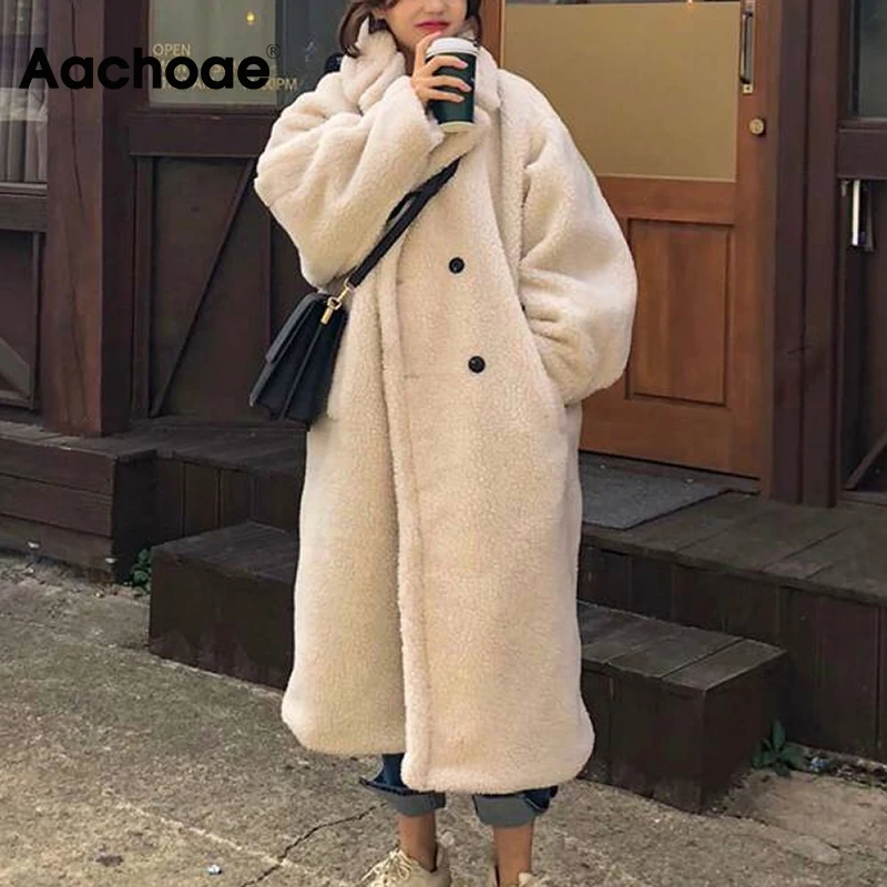 Aachoae Winter 2020 Women Solid Lamb Fur Coat Long