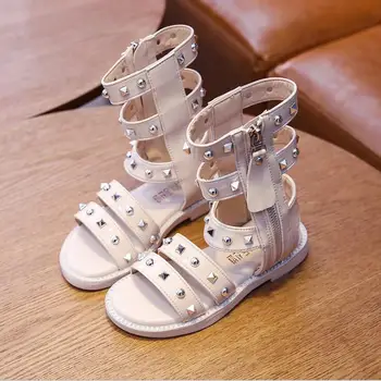 

Summer Kids High Gladiator Sandals Children Rivets Princess Sandals Baby Girls Beige Brand Shoes Beach Sandals Dress Shoes