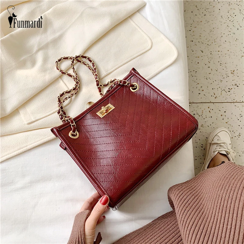 

FUNMARDI Trendy Chains Women Shoulder Bag Sewing Thread PU Leather Crossbody Bags Female Handbags Small Composite Bags WLHB2129